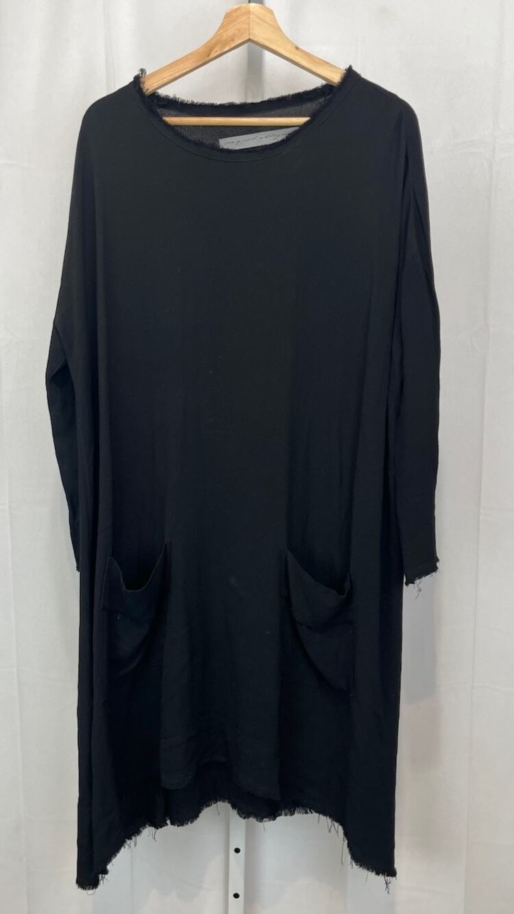 RAQUEL ALLEGRA Raw Edge Crepe Dress Pockets Knee Length Rayon Black Size 1 US S